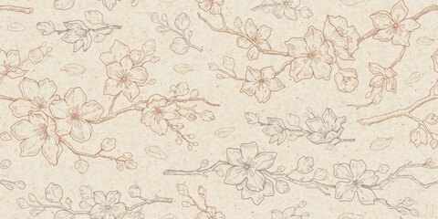 Flower pattern. Seamless cherry floral background. Sakura blossom japanese craft paper. Line abstract spring art, sketch print. Elegant texture gold beige vintage vector. Cherry flower branch pattern © Olga Che