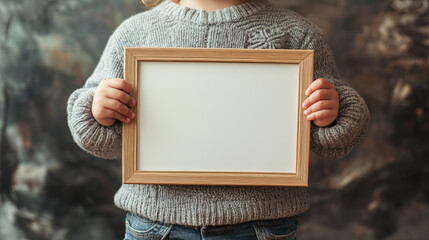 Mockup of a little child holding a frame in his hands