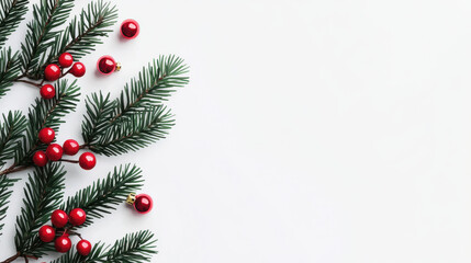Festive green pine branches with red berries create cheerful holiday vibe