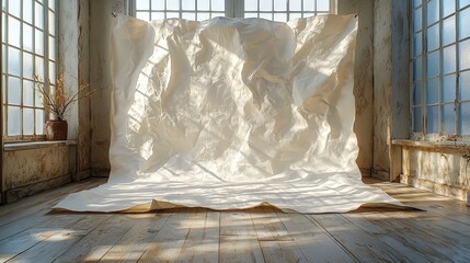 A wrinkled backdrop in a sunlit room with large windows, ideal for photography or art.