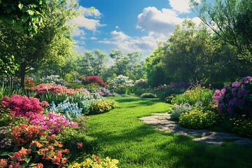 Fototapeta premium A peaceful garden filled with blooming flowers and greenery. Great for relaxation and nature themes.