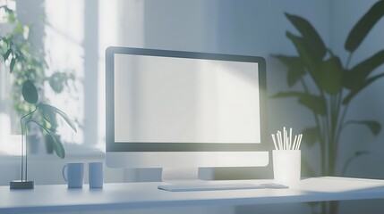 Computer mockup with blank screen on a white table in a bright room with natural light