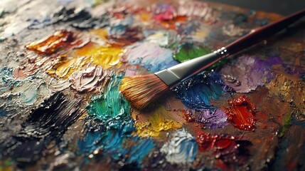 Obraz premium Used Brushes on an Artist's Palette of Colorful Oil