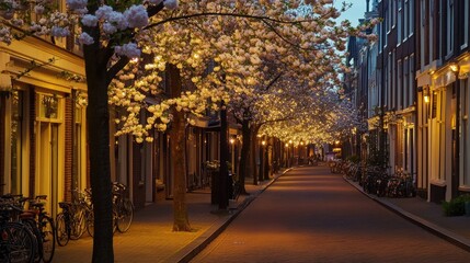Fototapeta premium Enchanting Evening Stroll Through Blossom-Laden Street with Illuminated Trees and Charming Building Facades in a Serene Urban Setting