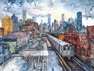 Fototapeta premium A watercolor painting of a cityscape. Vibrant cityscape with watercolor accents