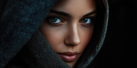Enigmatic gaze of woman in hood capturing intensity and mystery