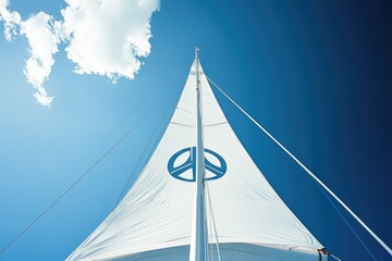 Fototapeta premium A Pristine White Sail Mast Adorned with the Iconic Peace Logo A Poignant Symbol of Hope and Tranquility Against a Clear Blue Sky