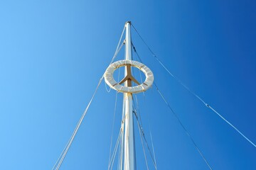 Obraz premium A Pristine White Sail Mast Adorned with the Iconic Peace Logo A Poignant Symbol of Hope and Tranquility Against a Clear Blue Sky