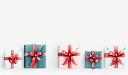 Fototapeta premium Wrapped gift boxes with red ribbons create festive atmosphere