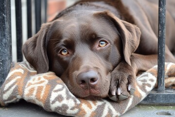 A Robust Chocolate Hued Canine Reclining Languorously Behind an Imposing Metal Barrier