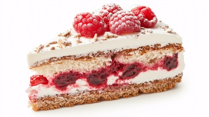Delicious raspberry cream cake slice with layers of whipped cream, fresh raspberries, and chocolate shavings on a bright background, perfect for dessert lovers.