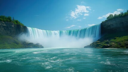 A breathtaking view of Niagara Falls, a powerful waterfall with rushing water cascading over the edge and creating a mist in the air. The blue sky and green foliage create a picturesque scene.