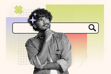 Composite trend artwork sketch image photo collage of young guy stand pensive think mind star hairdo search research webpage find browsing