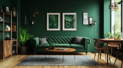 Beautiful Modern Living room Interior with furniture's ,mockup frame , posters, wall -3d Rendering