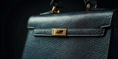 Luxurious textured black handbag with gold-clasp details on dark background