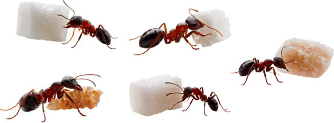 Close-Up of Ants Gathering Sugar Cubes on a White Surface, Showcasing Their Intricate Bodies and Cooperative Nature in a Natural Feeding Behavior