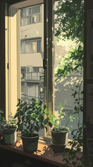 Fototapeta premium Nostalgic Anime Manga Art: Plant by the Window Illustration