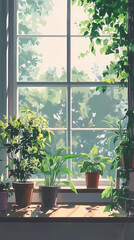 Nostalgic Anime Manga Art: Plant by the Window Illustration