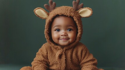 A joyful African-American baby wearing a cozy reindeer costume smiles while sitting indoors
