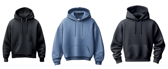 Black and blue hoodie Transparent background, blank hoodie mockup, 3d, cutout, plain hoodie, PNG