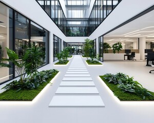 Modern office with an outdoor garden courtyard, sleek pathways and lush greenery for a serene and elegant environment