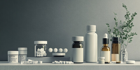 Prescription pill bottles background, pharmaceuticals backdrop, capsules antibiotics painkillers illustration backgrounds