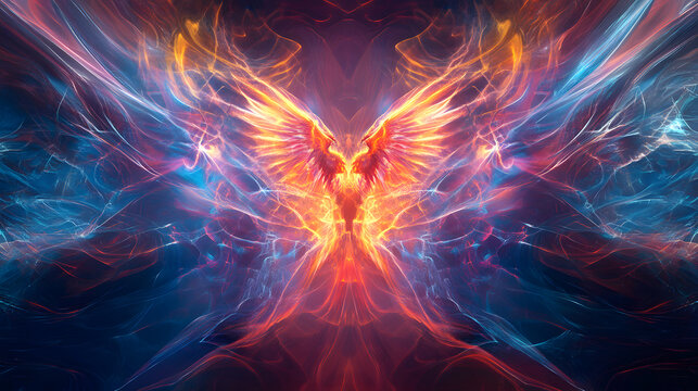 Cybernetic sweat lodge, AI phoenix manifestation, holographic ley lines, plasma energy fields, digital fire glow 