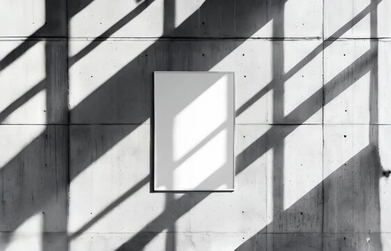 Typical vertical white rectangle poster mockup with diagonal window shadow on smooth gray concrete wall. Flat lay, top view. Open design.
