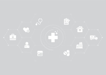 Abstract healthcare background with digital medical icon in hexagonal network. Central cross symbol surrounded by icon of hospital, clinic, doctor, and medicine, representing modern healthcare system