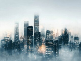 Abstract cityscape with skyscrapers and city lights in cool grey tones