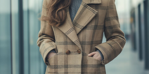 Fashionable woman in plaid coat walking on urban street