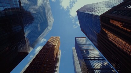 Modern Urban Skyline with Reflective Skyscrapers: A Clear Blue Sky Showcase of Contemporary Architecture and Corporate Ambiance.