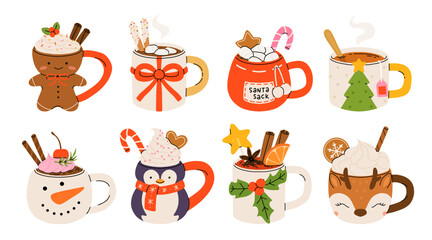 Christmas hot drink set. Flat cartoon different beverages. Holiday cute mugs hot cocoa, coffee, milk, cream and mulled wine. New year drinks decorated holly and candy. Isolated vector illustration