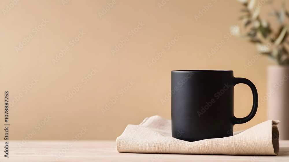 Aufkleber A neutral background with a black ceramic mug and a neatly folded napkin, creating a simple yet refined coffee setting. No text, no logo, wide angle shot, cinematic scene, 4k resolution