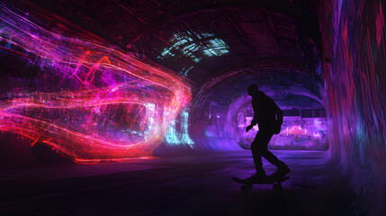 Derelict quantum network hub, digital decay aesthetics, plasma light trails, post-digital skate culture