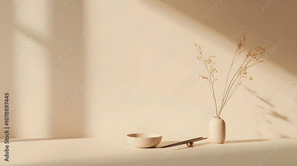 Poster a soft beige surface with a small ceramic dish and a pair of chopsticks, capturing a clean and refin