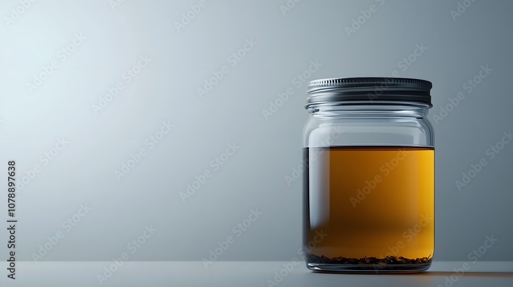 Poster a soft gray background with a clear glass jar filled with freshly brewed tea, capturing a simple, cl