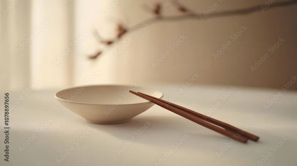 Poster a soft beige surface with a small ceramic dish and a pair of chopsticks, capturing a clean and refin