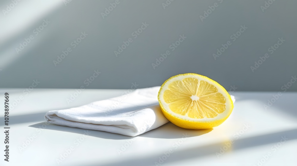 Poster a clean white surface with a neatly folded linen napkin and a single lemon slice, embodying minimali