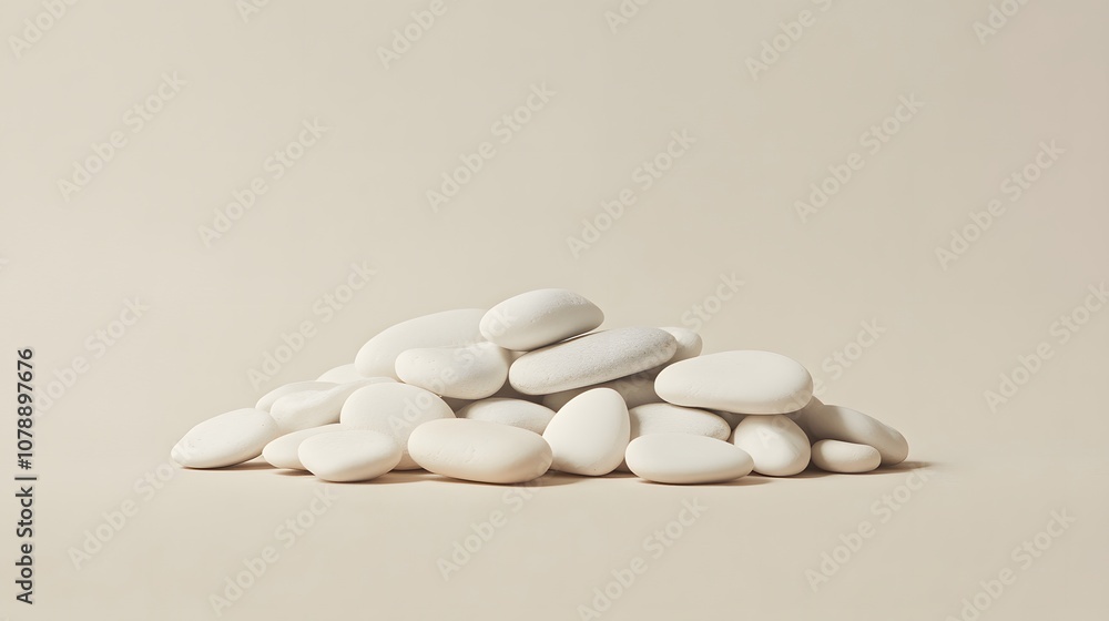 Poster a plain beige background with a small pile of white pebbles arranged neatly, focusing on natural tex