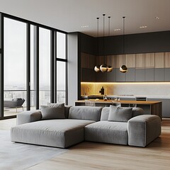 Beautiful Modern Living room Interior with furniture's ,mockup frame , posters, wall -3d Rendering