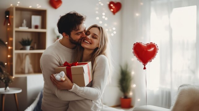 Lovely couple with gift box at home room in holiday season.