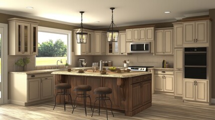 Modern Rustic Kitchen Design Featuring Light Cream Cabinets, Dark Wood Island, Pendant Lighting, Stainless Steel Appliances, and Open Concept Layout with Natural Light