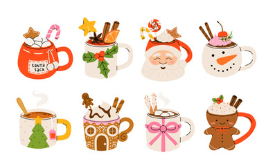 Christmas hot drink set. Flat cartoon different beverages. Holiday cute mugs hot cocoa, coffee, milk, cream and mulled wine. New year drinks decorated holly and candy. Isolated vector illustration