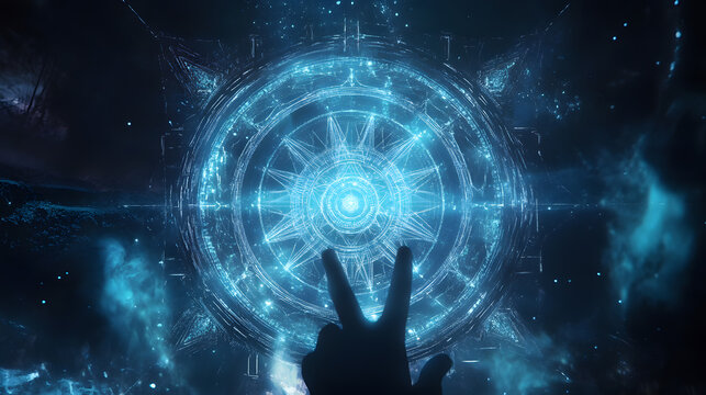 Digital dreamcatcher ritual, AI spirit guide manifestation, geometric light mandala, quantum mist, technoshaman interface