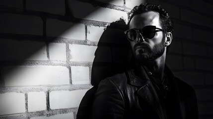 A moody black-and-white shot of a man leaning against a brick wall, his shadow stretching behind him, with a dark and cinematic feel. No text, no logo, wide angle shot, cinematic scene, 4k resolution