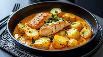 Icelandic fish stew with fresh fish, potatoes, and a creamy sauce 