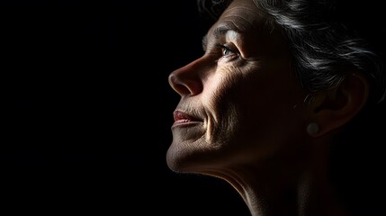A high-contrast portrait of a woman gazing downwards, her face half-lit and half in shadow, creating a dramatic chiaroscuro effect. No text, no logo, wide angle shot, cinematic scene, 4k resolution