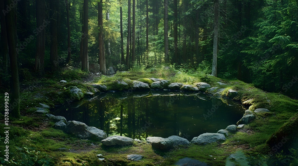 Poster A tranquil forest scene with a circle of rocks surrounding a small pond, creating an inviting spot for wildlife in a sustainable landscape design. Cinematic Scene, 4k resolution, cinematic scene