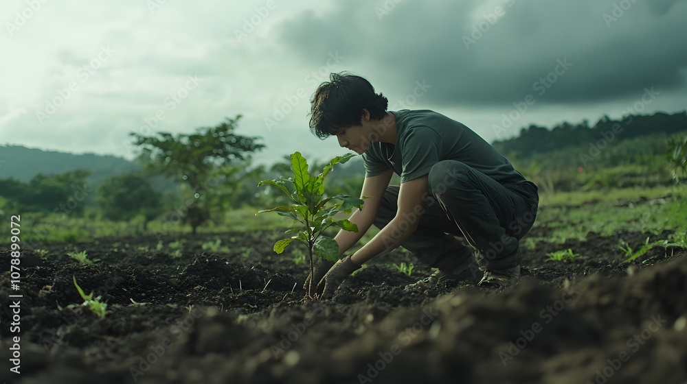 Poster a young person planting a tree in an open field as part of a reforestation project, symbolizing grow